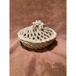 Vintage White Capodimonte Covered Porcelain Wicker Basket